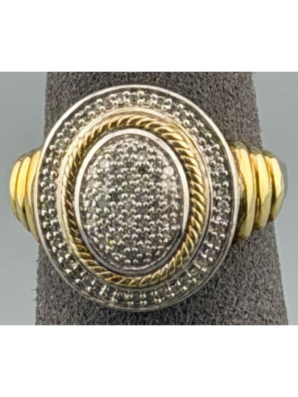Vintage Ring Sterling Silver Pavé Diamond Stones Vermeil Rope Edge Size 6 .5